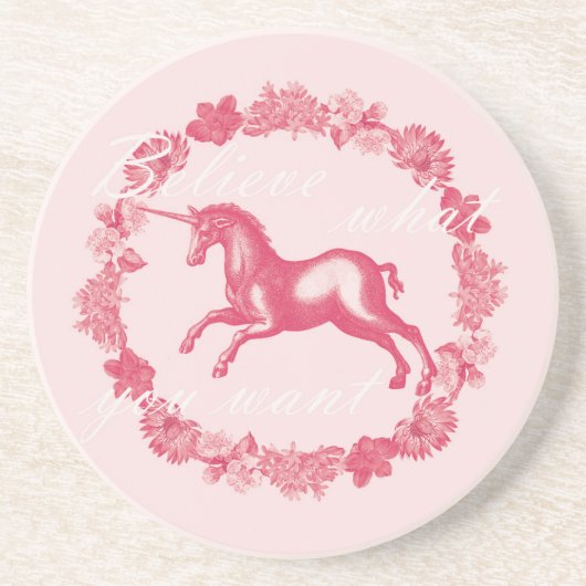 Dessous De Verre En Grès Licorne rose et fleurs (Devant)