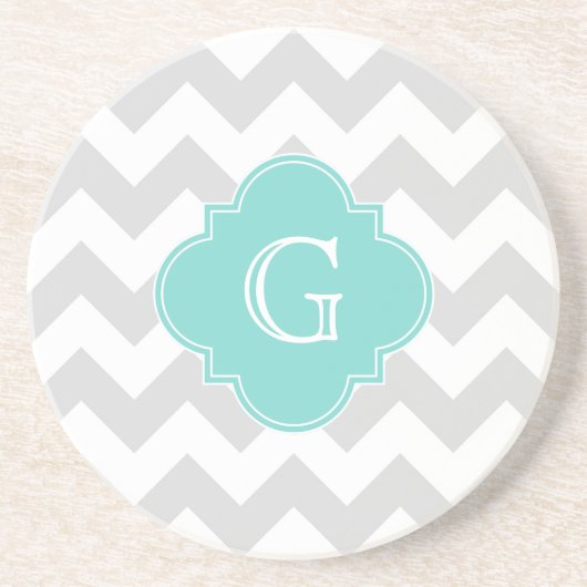 Dessous De Verre En Grès Light Gray White Chevron Aqua Quatrefoil monogram (Devant)