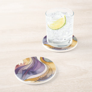 Dessous De Verre En Grès Lignes fluides couleur abstraite violette et dorée