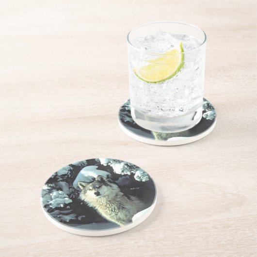 Dessous De Verre En Grès Loup dans une scène de forêt hivernale (Côté)