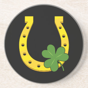 Dessous De Verre En Grès Lucky Golden Horseshoe avec Shamrock sur noir