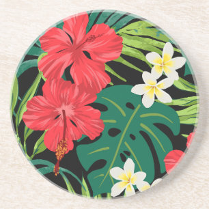 Dessous De Verre En Grès Luna Hibiscus Garden Hawaïen - Rouge et Noir