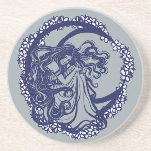Dessous De Verre En Grès Lune Enfant Bleu Floral Lune Déesse Art Lune Enfan