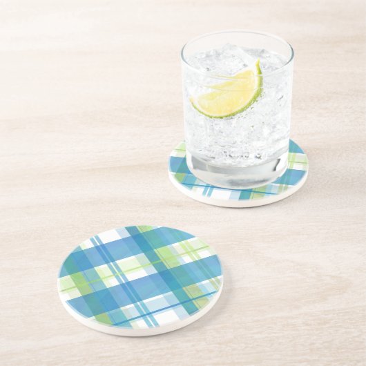 Dessous De Verre En Grès Madras Plaid Green et Blue (Côté)