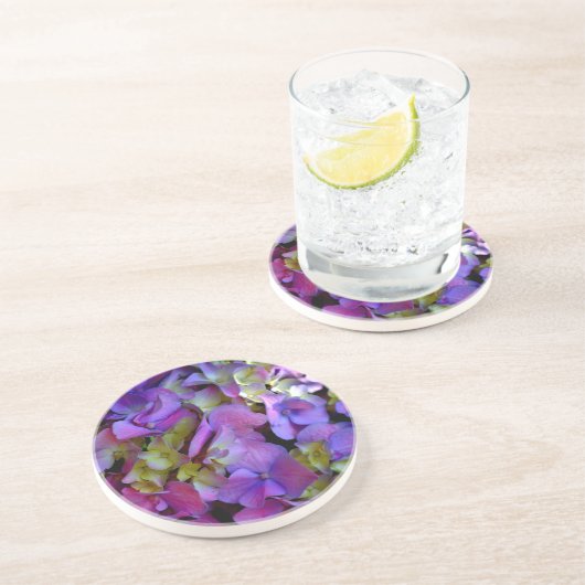 Dessous De Verre En Grès Magenta Purple bleu jaune Hydrangeas fleurs (Côté)