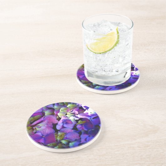 Dessous De Verre En Grès Magenta Purple bleu jaune Hydrangeas fleurs (Côté)