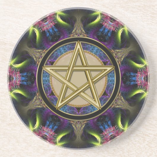 Dessous De Verre En Grès Magie de Pentacle Doré Fractales (Devant)