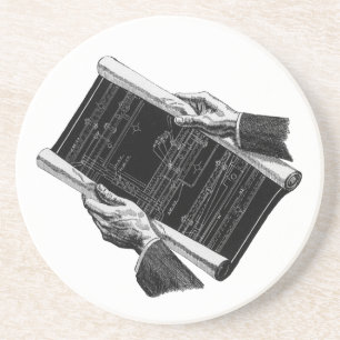 Dessous De Verre En Grès Mains w Architectural Blueprints, Vintage Business