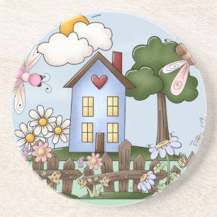 Dessous De Verre En Grès Maison de campagne Cute Blue au soleil