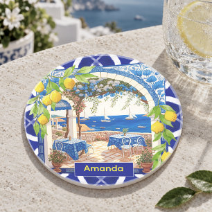 Dessous De Verre En Grès Majolique bleue vibrante Citrus sicilien