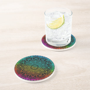 Dessous De Verre En Grès Mandala Arc-en-ciel noir
