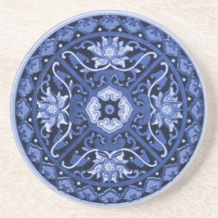 Dessous De Verre En Grès Mandala blanc et bleu chinois antique