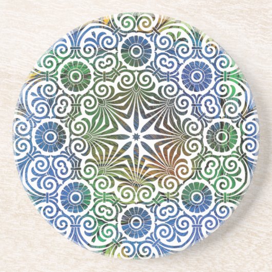 Dessous de verre en grès Mandala bleu et vert (Devant)