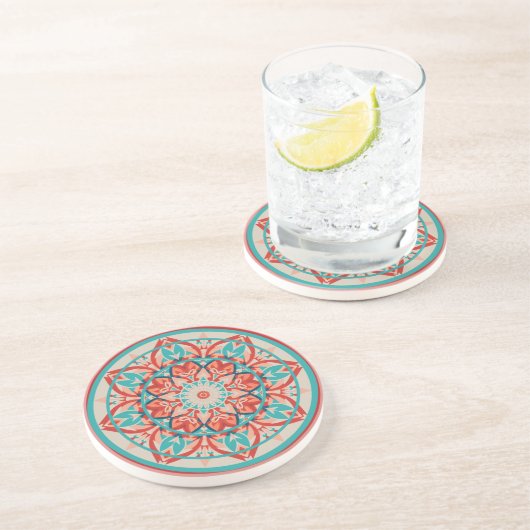 Dessous De Verre En Grès Mandala bohème orange et turquoise (Côté)