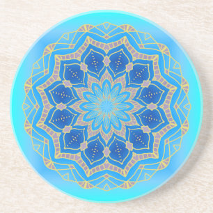 Dessous De Verre En Grès Mandala de lotus en turquoise et bleu