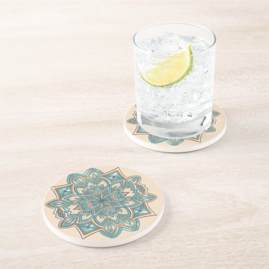 Dessous De Verre En Grès Mandala Elégance Turquoise (Côté)