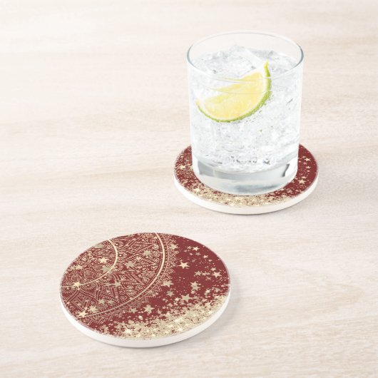 Dessous De Verre En Grès Mandala enchanteur avec étoiles d'or sur rouge (Côté)