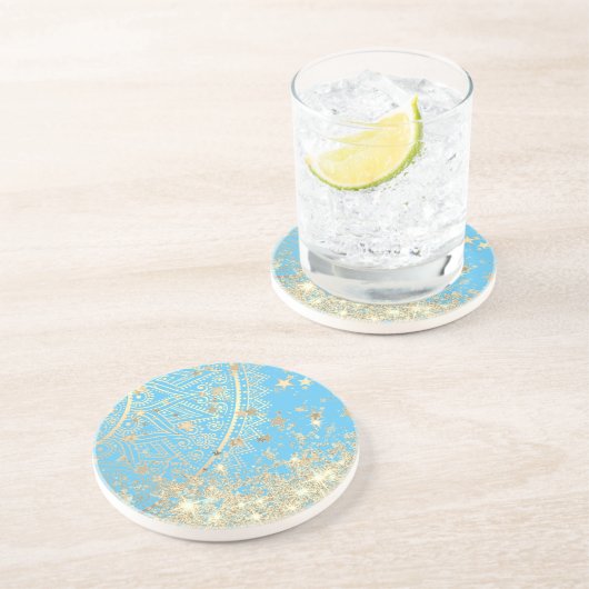 Dessous De Verre En Grès Mandala envoûtant avec Gold Stars sur Turquoise (Côté)