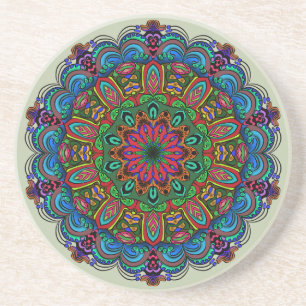 Dessous De Verre En Grès Mandala floral et motif géométrique vibrant