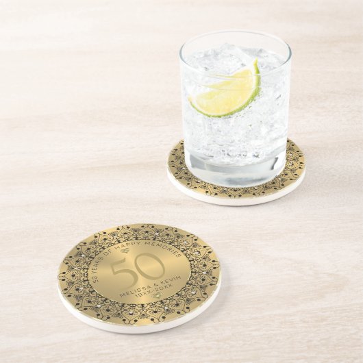 Dessous De Verre En Grès Mandala Noir sur Gold 50e anniversaire Mariage (Côté)