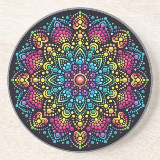 Dessous De Verre En Grès Mandala peint aux points arc-en-ciel (Devant)