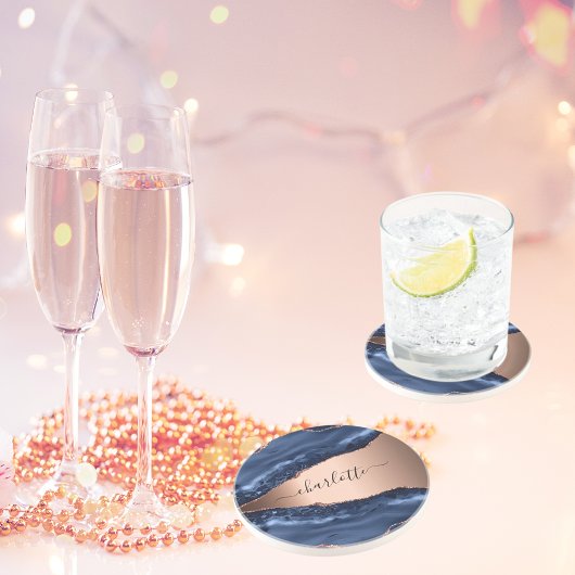 Dessous De Verre En Grès Marbre agate bleue rose nom script