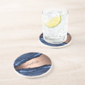 Dessous De Verre En Grès Marbre agate bleue rose nom script (Côté)