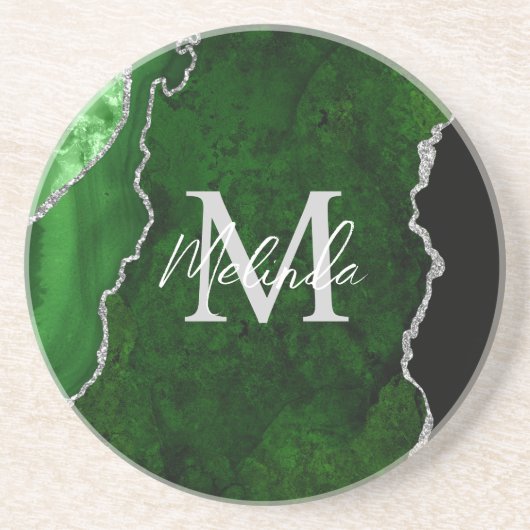 Dessous De Verre En Grès Marbre Agate Vert et Argent (Devant)