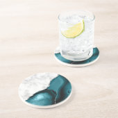 Dessous De Verre En Grès Marbre blanc agate bleu sarcelle paillettes argent (Côté)