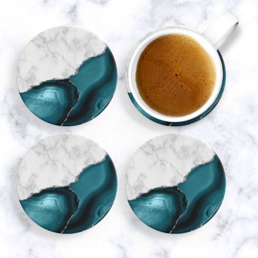 Dessous De Verre En Grès Marbre blanc agate bleu sarcelle paillettes argent