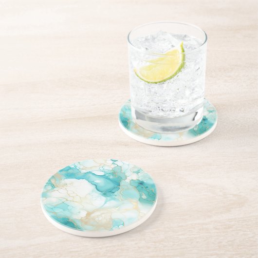 Dessous De Verre En Grès Marbre blanc d'or Aqua Mint (Côté)