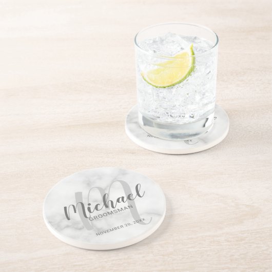 Dessous De Verre En Grès Marbre blanc Script moderne Groomsmen personnalisé (Côté)
