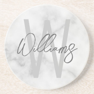 Dessous De Verre En Grès Marbre blanc Script Monogramme personnalisé et nom