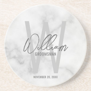 Dessous De Verre En Grès Marbre blanc Script Nom du Groomsman personnalisé