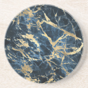 Dessous De Verre En Grès Marbre bleu foncé et doré abstrait