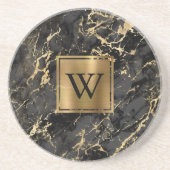 Dessous De Verre En Grès Marbre Faux Noir Monogramme Or (Devant)