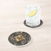 Dessous De Verre En Grès Marbre Faux Noir Monogramme Or (Côté)