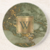 Dessous De Verre En Grès Marbre Faux Vert Olive Monogramme Or (Devant)