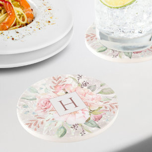 Dessous De Verre En Grès Marbre Floral Élégant Rose Pivoine Rose Pâle Monog