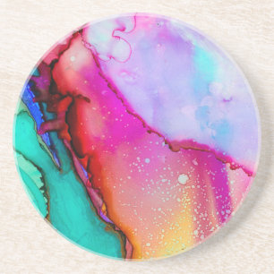 Dessous De Verre En Grès Marbre rose et turquoise Aquarelle Abstraite