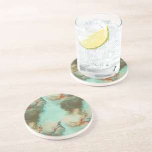 Dessous De Verre En Grès Marbre turquoise et rouille Abstrait