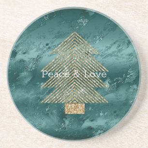 Dessous De Verre En Grès Marbre vert Parties scintillant or Arbre de Noël