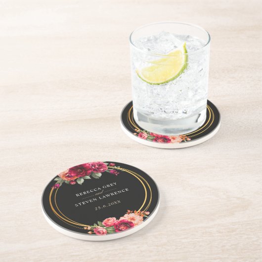 Dessous De Verre En Grès Mariage à fleurs noir rouge chic (Côté)