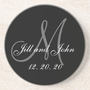 Dessous De Verre En Grès Mariage élégant gris noir de monogramme