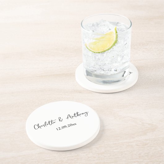 Dessous De Verre En Grès Mariage Élégant Script Creative Black White (Côté)