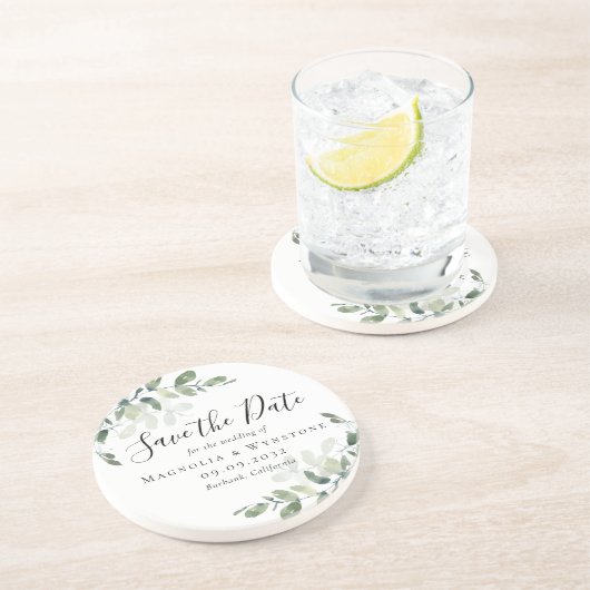 Dessous De Verre En Grès Mariage Eucalyptus Enregistrer La Date (Côté)