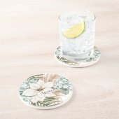 Dessous De Verre En Grès Mariage Fleurs Blanches Bleues Tropicales (Côté)