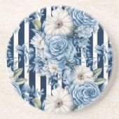 Dessous De Verre En Grès Mariage Navy Blue Fleurs Rayures (Devant)