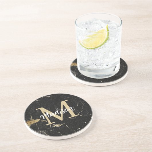 Dessous De Verre En Grès Marque noire Monogram Gold (Côté)