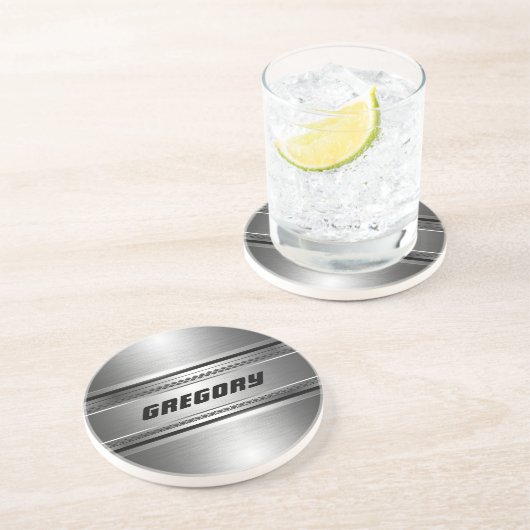 Dessous De Verre En Grès Masculine Faux Grandes Argent Design Monogramme (Côté)